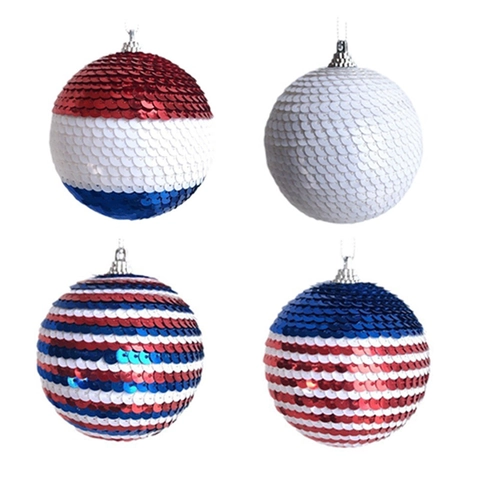 Palline Decorative Patriotici con Paillettes Rosso Bianco Blu a Strisce Ornamenti Appesi per Giorno dell'Indipendenza Casa Festa