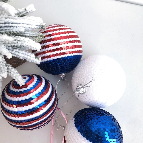 Palline Decorative Patriotici con Paillettes Rosso Bianco Blu a Strisce Ornamenti Appesi per Giorno dell'Indipendenza Casa Festa