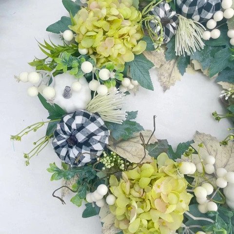 Artificial Harvest Festival Wreath With White Pumpkins Black White Plaid Decor Green Leaves Hydrangea Autumn Home Decoration