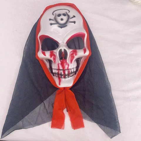 Halloween Skelett Horror Maske Gruselige Geist Gesicht Maske Mit Schwarzer Netzhaube Für Cosplay Maskerade Party Kunststoff Requisit