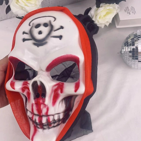 Halloween Skelett Horror Maske Gruselige Geist Gesicht Maske Mit Schwarzer Netzhaube Für Cosplay Maskerade Party Kunststoff Requisit