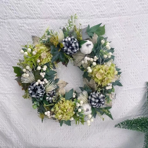 Artificial Harvest Festival Wreath With White Pumpkins Black White Plaid Decor Green Leaves Hydrangea Autumn Home Decoration