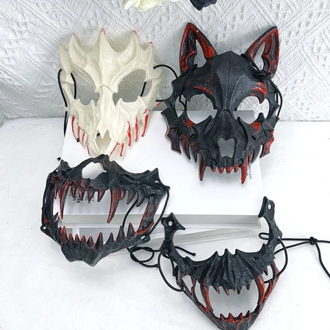 Maschera da Mostro Sangue Halloween Horror Zanne Spaventose Mezza Faccia Cosplay Party Props Plastica Lupo Tigre Maschera