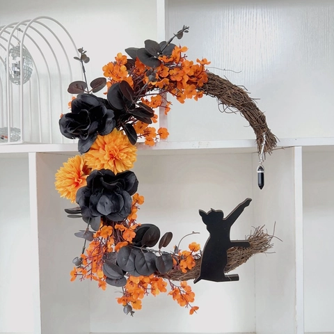 Halloween Mond Katze Kranz Schwarz Mondsichel Rebenkranz Mit Künstlichen Blumen Und Katzen Silhouette Gotisch Haus Deko