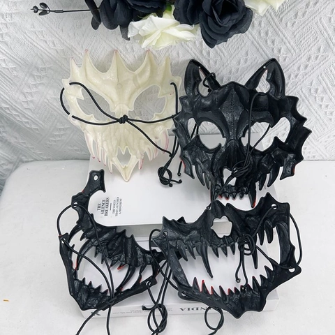 Maschera da Mostro Sangue Halloween Horror Zanne Spaventose Mezza Faccia Cosplay Party Props Plastica Lupo Tigre Maschera