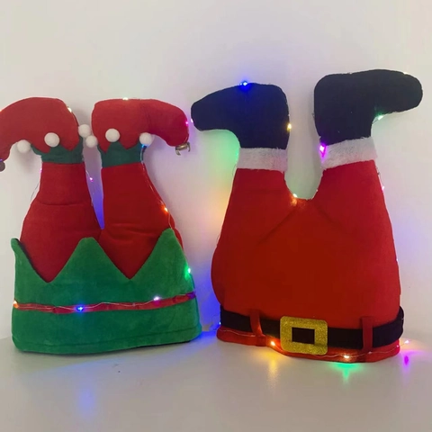 Gorro de Navidad con Luces LED Novedad Piernas de Elfo Pantalones de Papá Noel Gorro de Disfraz Peluche Luminoso Fiesta