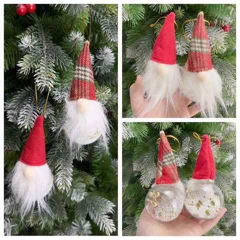 Addobbi Natalizi Gnomo Babbo Natale Con Palla Trasparente Cappello Maglia Quadri Particelle Schiuma Decorazioni Albero