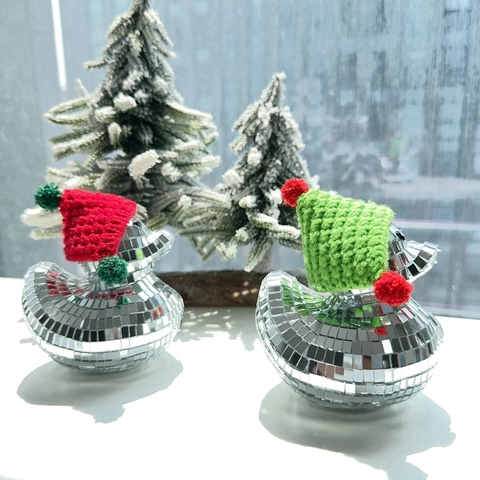 Adorno Creativo de Pato de Espejo de Navidad Bola de Discoteca Figurilla de Pato de Mosaico de Vidrio Con Gorro de Papá Noel Para Decoración