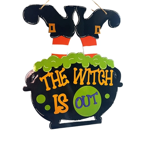 Cartello Appeso Halloween in Schiuma KT Board Gambe di Strega Calderone THE WITCH IS OUT Decorazione per Casa Infestata Festa Porta Parete