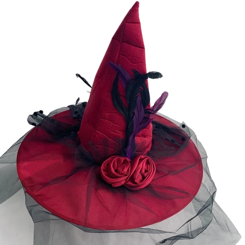 Cappello da Strega Halloween con Fiore Rosso Piuma e Maglia per Donna Cappello da Mago Gotico Accessorio per Costume da Festa