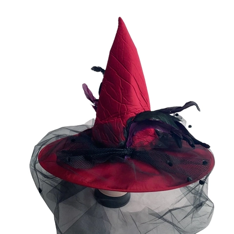 Cappello da Strega Halloween con Fiore Rosso Piuma e Maglia per Donna Cappello da Mago Gotico Accessorio per Costume da Festa