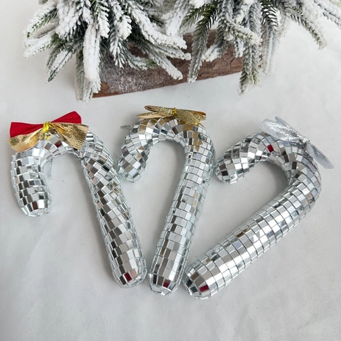 Decorazioni Appese a Forma di Bastoncino di Zucchero Natalizio Disco Ball in Vetro Specchiato e Schiuma per Albero di Natale