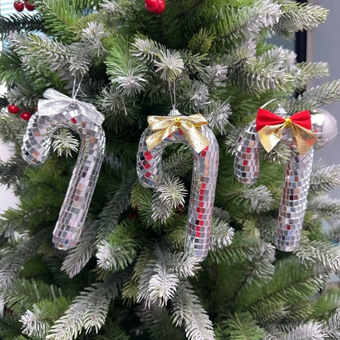 Decorazioni Appese a Forma di Bastoncino di Zucchero Natalizio Disco Ball in Vetro Specchiato e Schiuma per Albero di Natale