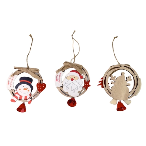 Christmas Wood Hollow Round Bell Hanging Ornament Santa Claus Snowman Elk Reindeer Pendant For Xmas Tree Party Home Decoration