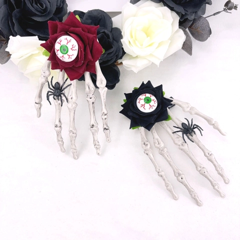 Fermaglio per Capelli Halloween Mano di Scheletro Rosa Orrore Gotico Occhio Insanguinato Ragno Acconciatura Fantasma Festa Accessori