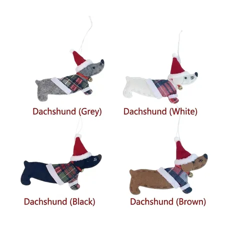 Adorno Navideño de Perro Salchicha Lindo Perro de Fieltro Sombrero de Papá Noel Suéter de Cuadros Campana Decoración de Árbol