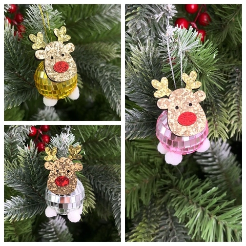 Ornamento a Sfera da Discoteca con Renna di Natale Pendente a Testa di Cervo con Glitter per Decorazione Albero di Natale
