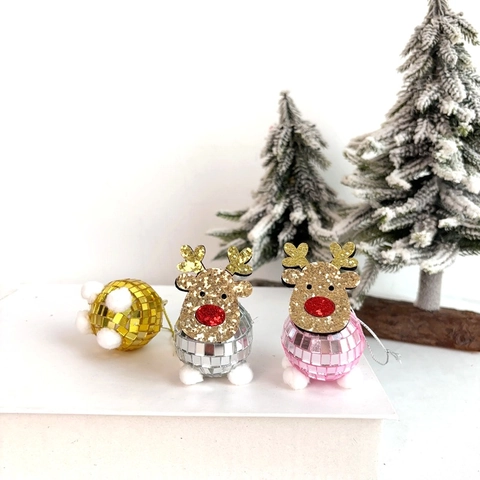 Ornamento a Sfera da Discoteca con Renna di Natale Pendente a Testa di Cervo con Glitter per Decorazione Albero di Natale
