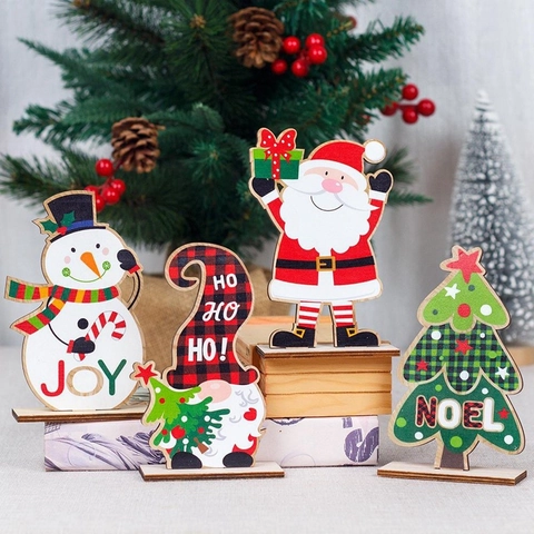 Décorations de Bureau en Bois de Noël Père Noël Bonhomme de Neige Rudolph Sapin de Noël Ornements de Table pour Maison Fête