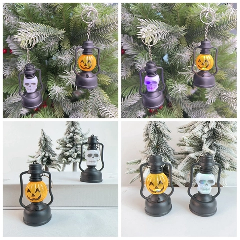 Halloween Mini LED Lantern Pendant Spooky Skeleton Pumpkin Light Up Keychain Portable Hanging Decoration Party Prop Ornaments