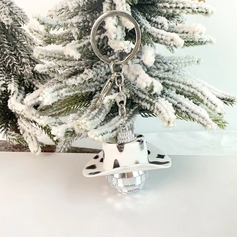 Portachiavi con Cappello da Cowboy e Sfera da Discoteca Con Mini Cappello Stampa Mucca Sfera Specchiata Ornamento Appeso per Decorazione Auto Festa Regalo