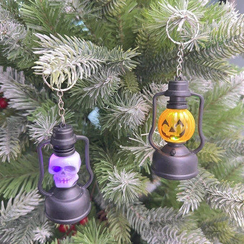Halloween Mini LED Lantern Pendant Spooky Skeleton Pumpkin Light Up Keychain Portable Hanging Decoration Party Prop Ornaments