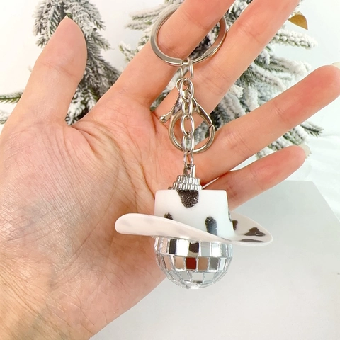 Portachiavi con Cappello da Cowboy e Sfera da Discoteca Con Mini Cappello Stampa Mucca Sfera Specchiata Ornamento Appeso per Decorazione Auto Festa Regalo