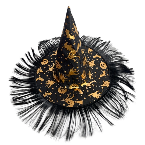 Cappello da Strega di Halloween con Stampa Dorata e Frange di Piume Cappello da Mago in Satin per Donna Festa Cosplay