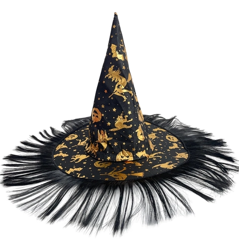 Cappello da Strega di Halloween con Stampa Dorata e Frange di Piume Cappello da Mago in Satin per Donna Festa Cosplay