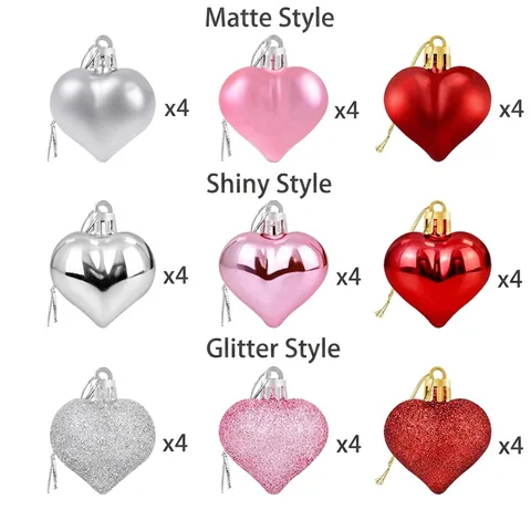 36-delige Hartvormige Hangende Ornamenten Set Voor Valentijnsdag Bruiloft Kerst Plastic Rood Roze Zilveren Ballen
