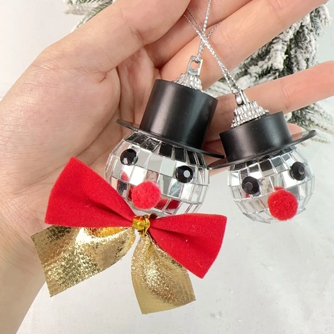 Decorazione Natalizia Pendente Pupazzo di Neve a Specchio Con Cappello a Cilindro Nero Fiocco Riflettente Albero Natale