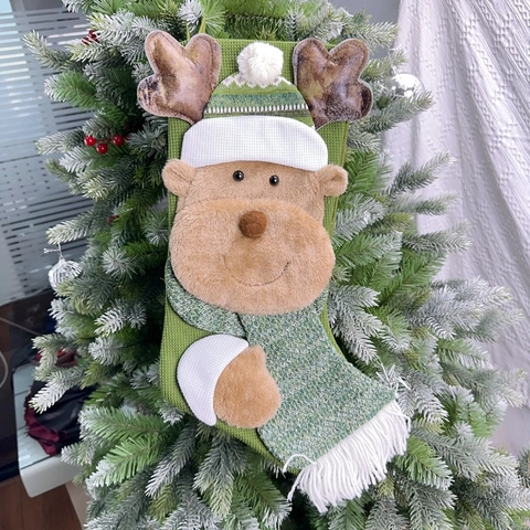 Calcetín de Navidad Grande Papá Noel Muñeco de Nieve Alce Bolsa Regalo Caramelos Verde Rojo Tela Tejida Decoración Hogar
