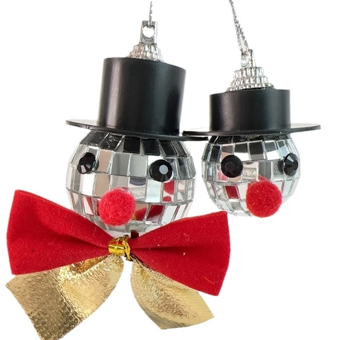 Decorazione Natalizia Pendente Pupazzo di Neve a Specchio Con Cappello a Cilindro Nero Fiocco Riflettente Albero Natale