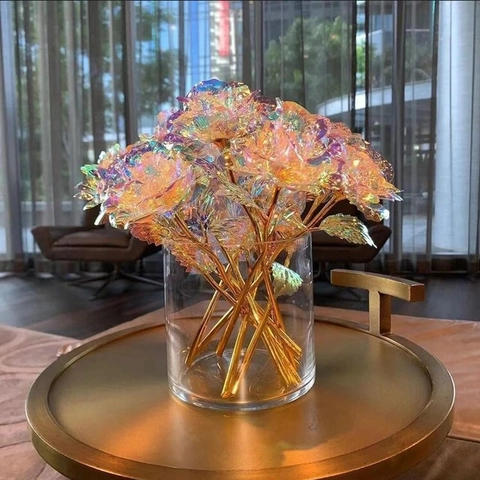 Rainbow Galaxy Rose Artificial Flower Holographic Gold Plated Stem Valentine's Day Mother's Day Home Decoration Gift