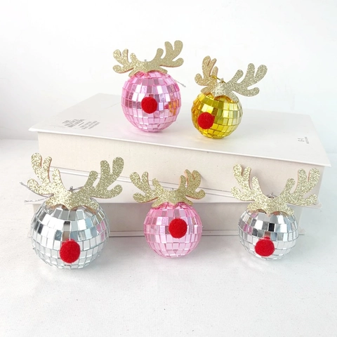 Addobbi Natalizi a Palla da Discoteca a Forma di Renna Vetro a Specchio Corna Riflettenti Decorazioni per Feste Casa Albero