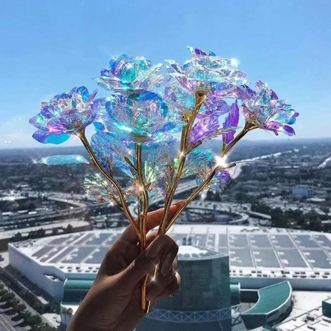 Rainbow Galaxy Rose Artificial Flower Holographic Gold Plated Stem Valentine's Day Mother's Day Home Decoration Gift
