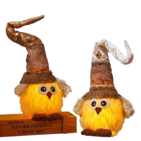 Decorazione Peluche Gufo Luminoso Natalizio Con Cappello Lungo Luce LED Calda Ricamo Fiocco di Neve Festa Casa Tavolo