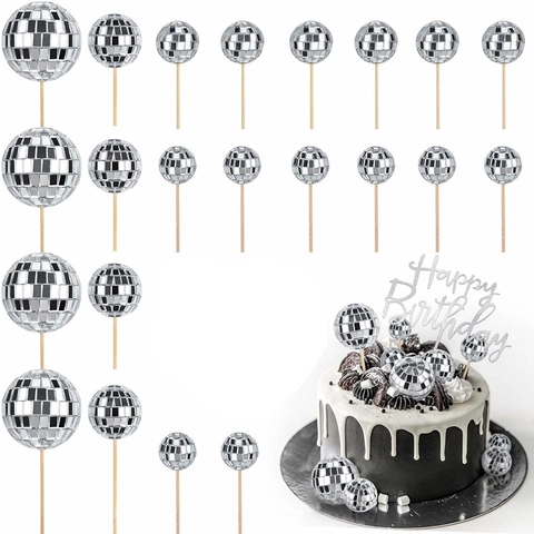Topper per Torta con Palla da Discoteca in Schiuma Riflettente Con Bastoncino di Legno Ornamento per Feste di Compleanno