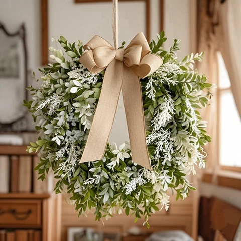 Handmade Artificial Plastic Green Leaf Wreath with Large Burlap Bowknot and White Flower Clusters for Front Door Wall Hanging Decor
