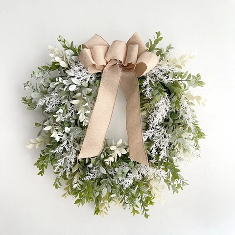 Handmade Artificial Plastic Green Leaf Wreath with Large Burlap Bowknot and White Flower Clusters for Front Door Wall Hanging Decor