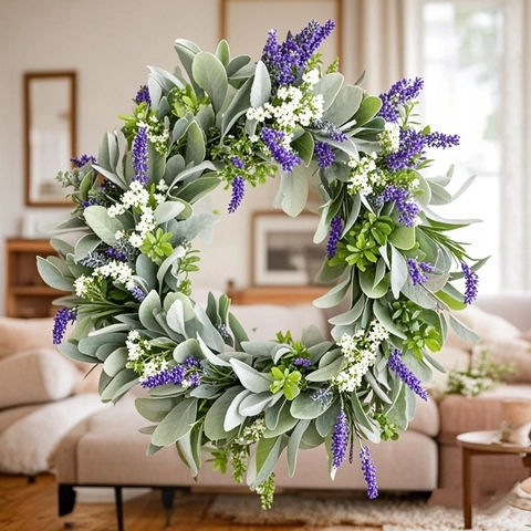 Künstlicher Lavendel Kranz Für Haustür Heimdeko Lila Weiße Blumen Girlande Wanddekoration Muttertag Dekoration
