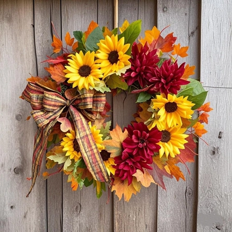 Artificial Fall Wreath With Sunflower Maple Leaf Dahlia Checked Bowknot Large Autumn Front Door Hanging Decor Home Wall Ornament