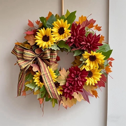 Artificial Fall Wreath With Sunflower Maple Leaf Dahlia Checked Bowknot Large Autumn Front Door Hanging Decor Home Wall Ornament