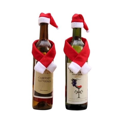 Christmas Wine Bottle Decor Set Mini Santa Hat And Scarf Party Table Decor Red White Non-Woven Fabric Festive Accessory