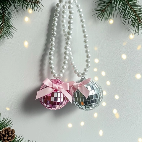 Retro Disco Mirror Ball Car Hanging Pendant With Artificial Pearl Chain And Satin Bow For Christmas Party Decor Mirror Glass Interior Accessories