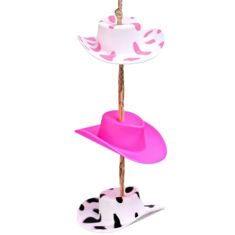 Mini Western Cowboyhut Hängeornament Rosa Kuhmuster Kunststoff DIY Autozubehör Home Dekor Anhänger Mit Hanfseil