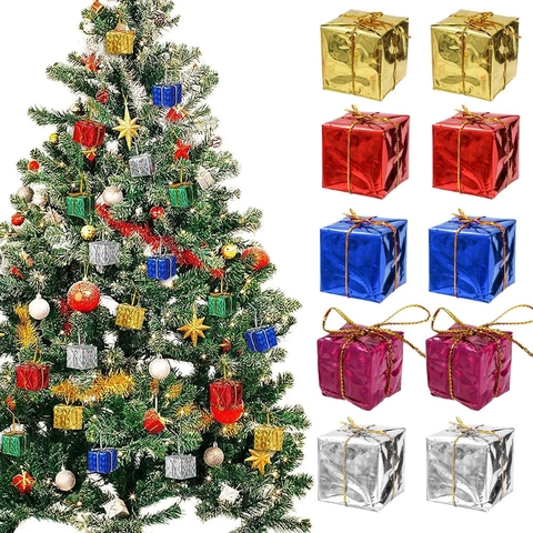 Christmas Tree Decorations Mini Gift Box Hanging Ornaments Colorful Holographic Laser Foil Wrapped Party Holiday Decorations