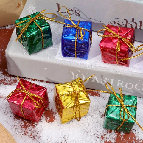 Christmas Tree Decorations Mini Gift Box Hanging Ornaments Colorful Holographic Laser Foil Wrapped Party Holiday Decorations