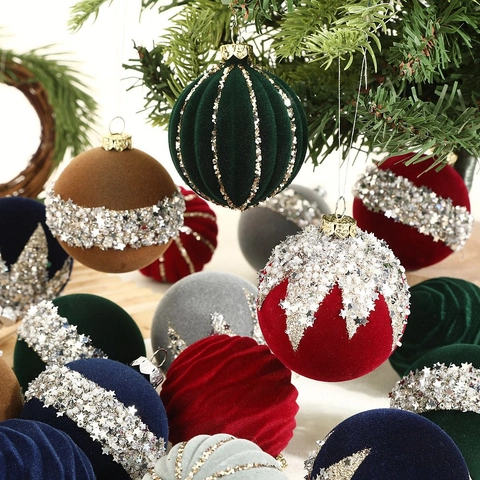 Luxueuse Collection de Boules de Noël en Flocage avec Paillettes Boules Suspendues en Plastique pour Sapin de Noël Décoration de Maison