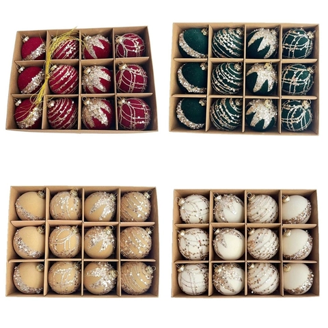 12-Piece Christmas Flocking Ball Ornaments Set Burgundy Green Velvet Christmas Tree Hanging Decorations For Holiday Party Home Decor